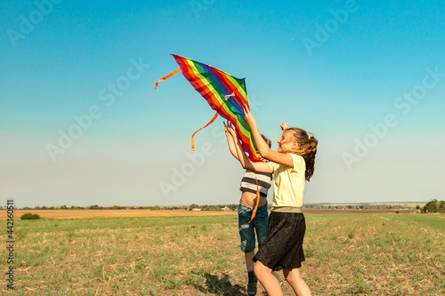 Children try to fly a kite on a field on a summer day.