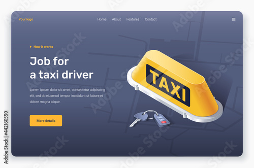 Isometric light box taxi and key. Landing page template. 