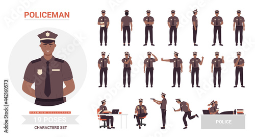 Fotografia African american black Policeman poses vector illustration set