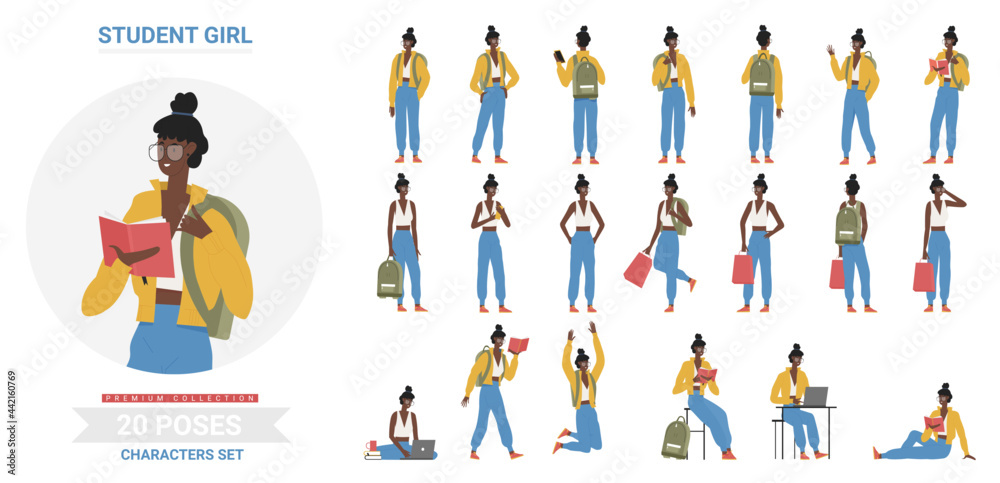 African american black student girl poses infographic vector illustration set. Cartoon flat young woman standing with backpack, sitting, studying at table with laptop and books