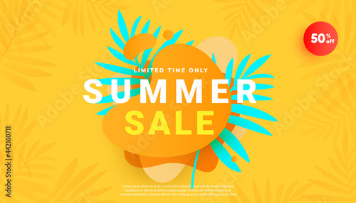 Summer sale banner in trendy style with tropical leaves and bright yellow minimal background. Vector illustration for seasonal offer, promotion, advertising.