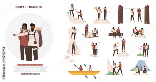 African american black people tourists poses vector illustration set. Cartoon man woman couple travelers hiking, camping, kayaking climbing, young camper enjoy tourism adventures together isolated