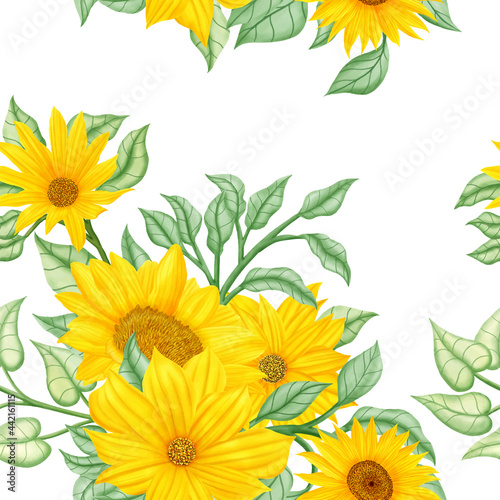 Beautiful seamless pattern with yellow sunflower and leaves