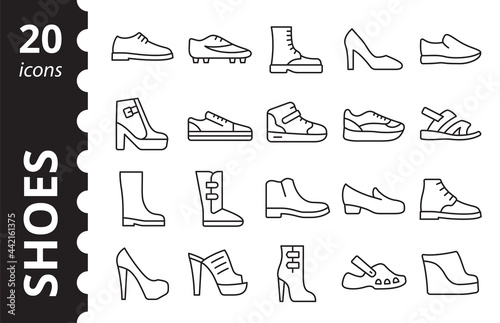 Shoe icon set. Minimalist outline vector symbols. Simple line signs for fashion application. 