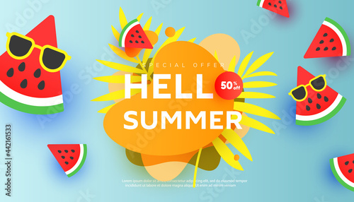 Creative Summer sale banner in trendy style with tropical leaves, watermelon slices on minimal blue background.