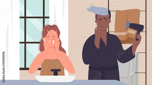 Family couple people in bathroom, morning or evening hygiene routine together vector illustration. Cartoon young woman man characters, husband drying hair with hairdryer, wife washing face background