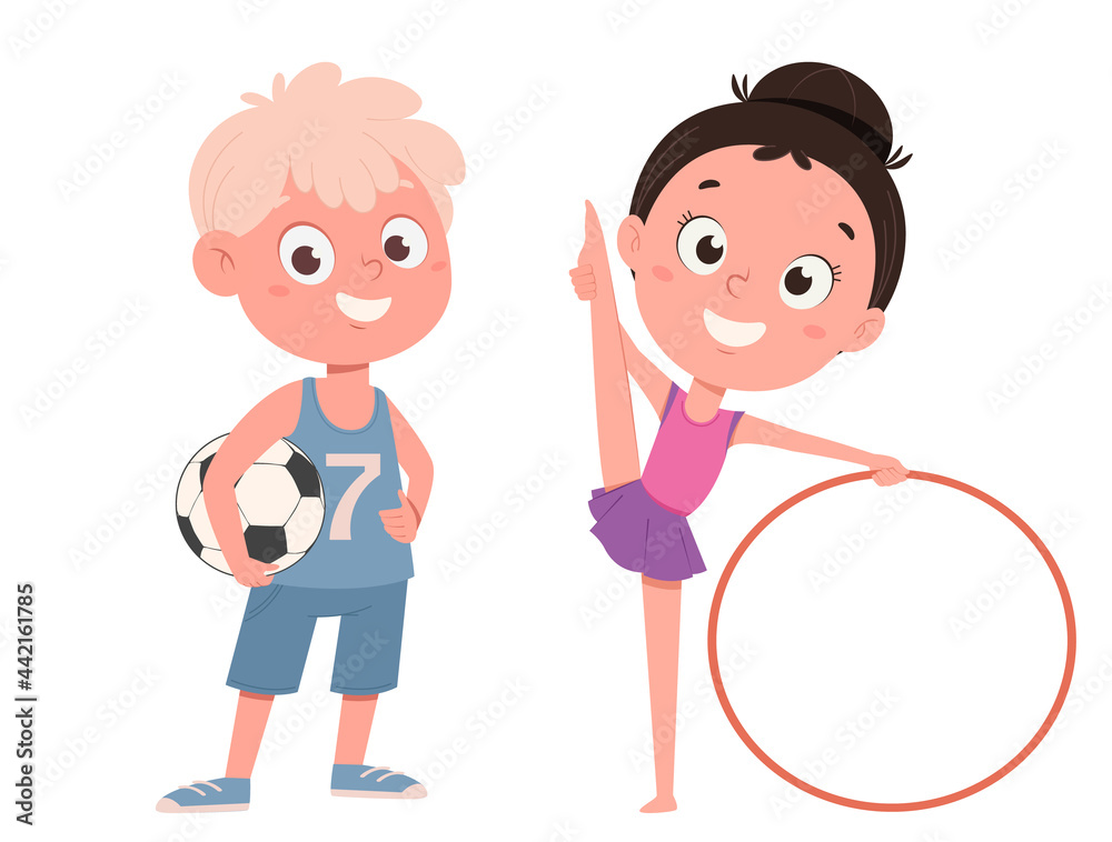 Cute girl with hula hoop and boy with soccer ball