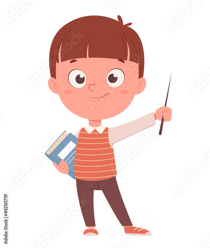 Cheerful schoolboy holding pointer and a book