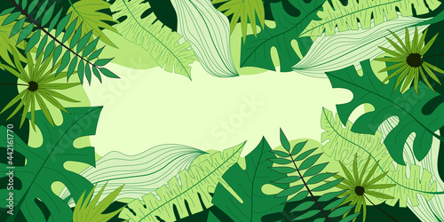 Vector banner of tropical leaves, floral frame