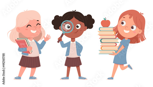 Cheerful schoolgirls, set of three poses