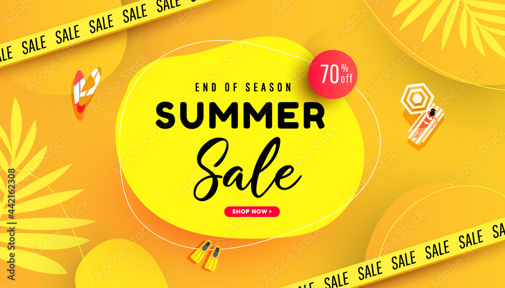 Summer sale vector illustration with tropical leaves background. Promotion banner for website, flyer and poster