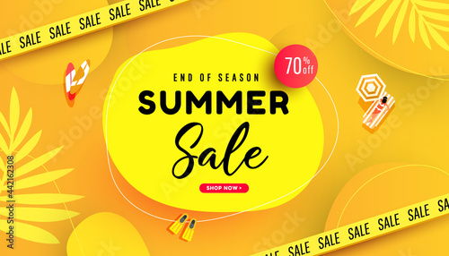 Summer sale vector illustration with tropical leaves background. Promotion banner for website, flyer and poster