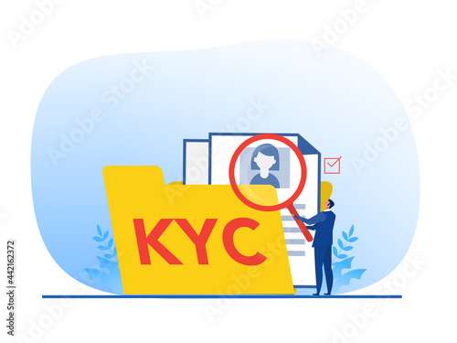 KYC or know your customer with business verifying the identity of its clients concept at the partners-to-be through a magnifying glass vector illustrator