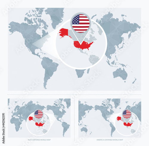 Magnified USA over Map of the World, 3 versions of the World Map with flag and map of USA.