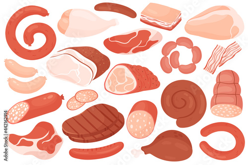 Meat food ingredients, shop menu set vector illustration. Cartoon gastronomy meat product for cooking collection, raw beef, red pork pancetta, fresh chicken legs fillet and steak isolated on white