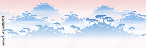 Rainforest hills, jungle. Panoramic view of southern nature, sunrise.