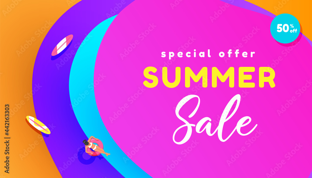 Bright gradient summer 50 percent discount banner with fluid bubble shapes on colored background with place for ad text