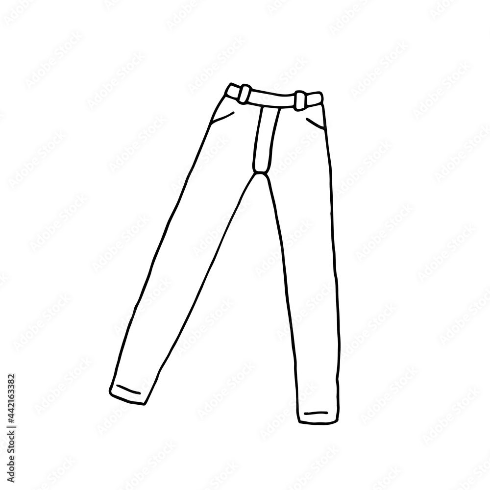 Jeans. Trousers. Pants. Clothing. Fashion. Vector. Doodle. Hand-drawn  illustration. Silhouette. Black and white outline. Coloring. Stock Vector |  Adobe Stock