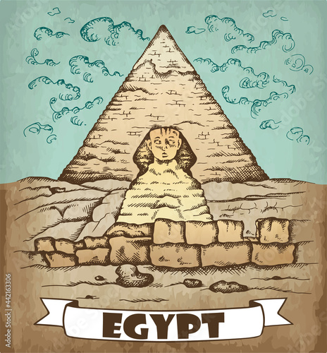 Sketch hand drawn colorful poster of Egypt. Drawing Great Sphinx of Giza, outline Cairo landscape, line art Pyramid of Khufu, Cheops, desert. Engraved Egyptian background, view. Vector illustration.