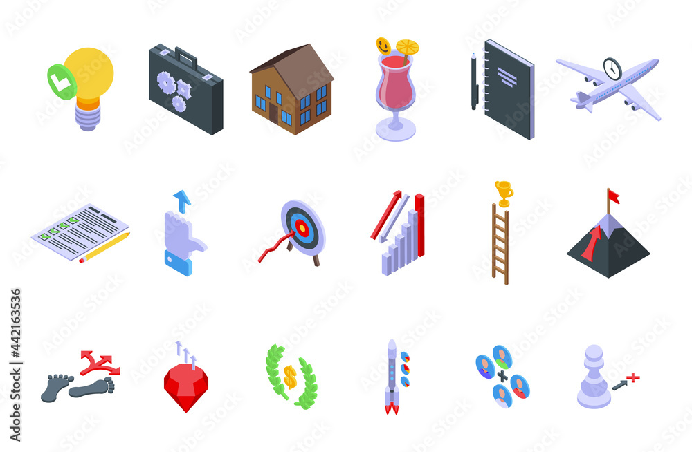 Realization icons set isometric vector. Dream self victory. Success leader forward Realization icons set isometric vector. Dream self victory. Success leader forward