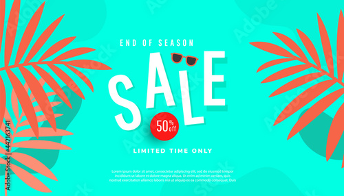 Summer sale promo banner with fluid bubble shapes and tropical leaves on mint background with space for ad text