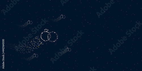 A wedding rings symbol filled with dots flies through the stars leaving a trail behind. There are four small symbols around. Vector illustration on dark blue background with stars