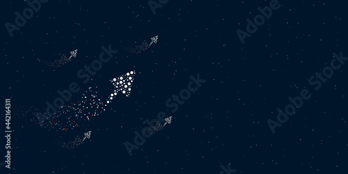 A trowel symbol filled with dots flies through the stars leaving a trail behind. Four small symbols around. Empty space for text on the right. Vector illustration on dark blue background with stars