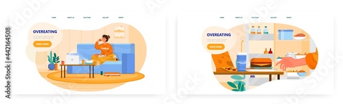 Overeating landing page design, website banner vector template set. Woman eating pizza, burger. Unhealthy junk fast food
