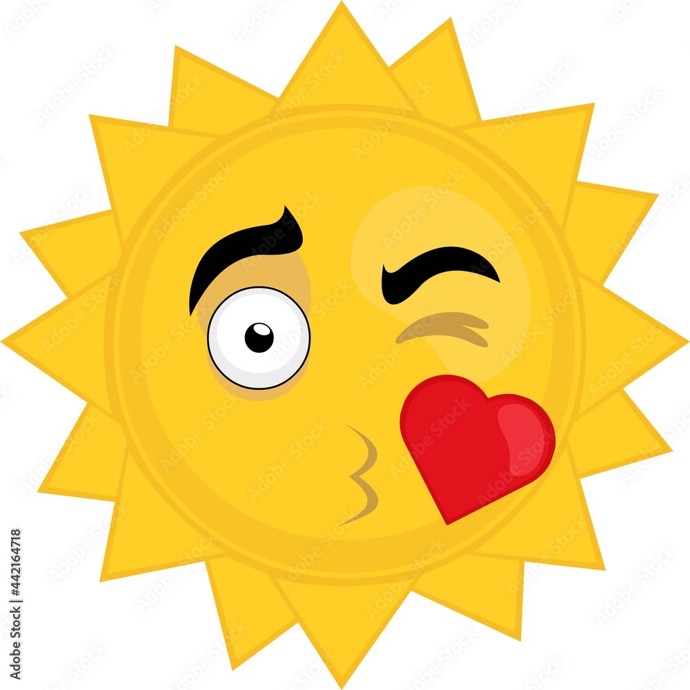 Vector emoticon illustration of a cartoon sun character with a heart shaped kiss and winking