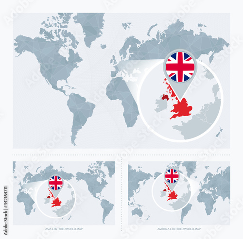 Magnified United Kingdom over Map of the World  3 versions of the World Map with flag and map of United Kingdom.