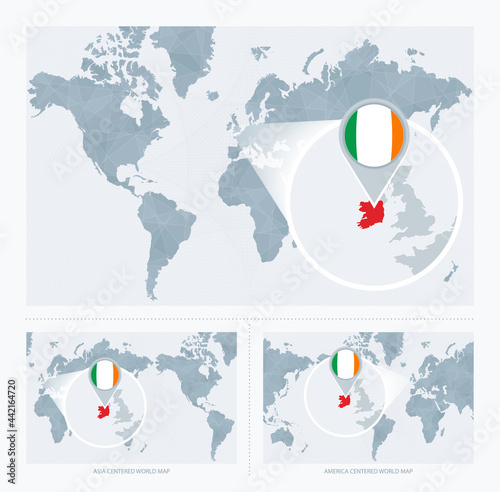 Magnified Ireland over Map of the World, 3 versions of the World Map with flag and map of Ireland.