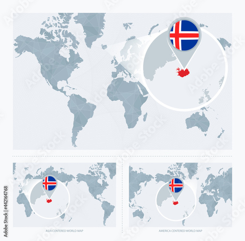 Magnified Iceland over Map of the World, 3 versions of the World Map with flag and map of Iceland.