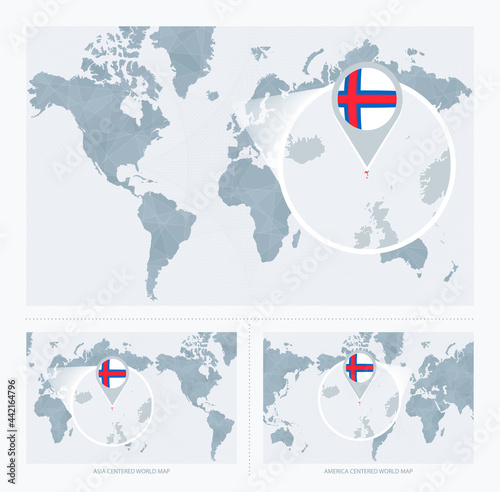 Magnified Faroe Islands over Map of the World, 3 versions of the World Map with flag and map of Faroe Islands.