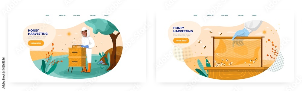 Honey harvesting landing page design, website banner vector template set. Apiary farm. Beekeeper. Bee hive. Apiculture.