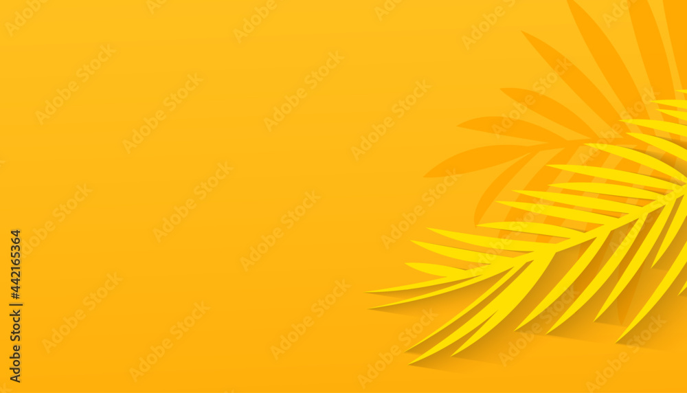 Blank yellow summer background with minimal style tropical leaves. Hot season discount. Promotion banner for website, flyer and poster. Vector illustration
