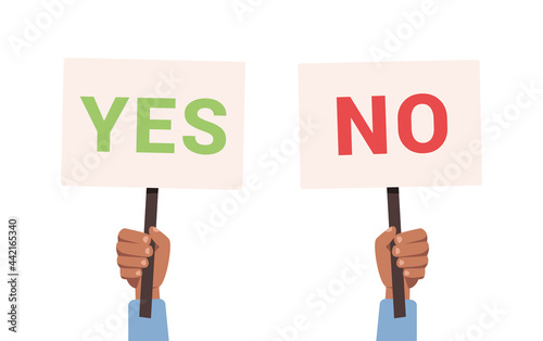 Hand holding yes or no placard. Question, choice, vote concept. Vector stock