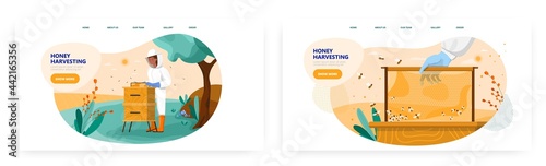 Honey harvesting landing page design, website banner vector template set. Apiary farm. Beekeeper. Bee hive. Apiculture.