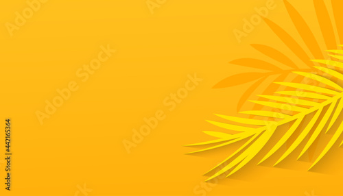 Obraz na płótnie Blank yellow summer background with minimal style tropical leaves. Hot season discount. Promotion banner for website, flyer and poster. Vector illustration w salonie