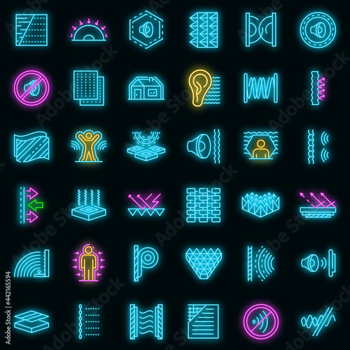 Soundproofing icons set. Outline set of soundproofing vector icons neon color on black