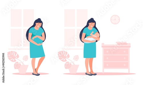 Pregnant future mother and female with newborn child. Pregnancy and maternity concept. Vector flat illustration.  Design cute young woman for poster, card, banner