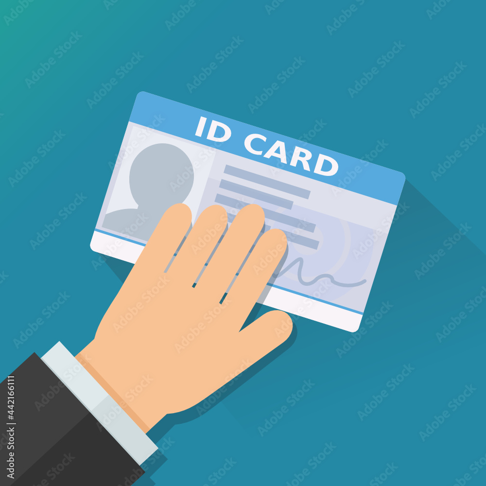 A hand presents a generic identity card on blue background (flat design) A hand presents a generic identity card on blue background (flat design)