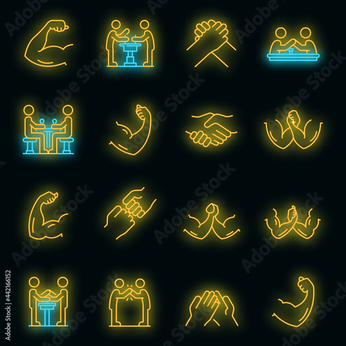 Arm wrestling icons set. Outline set of arm wrestling vector icons neon color on black
