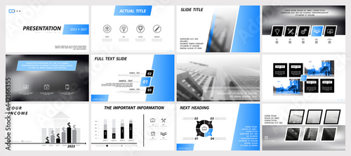 Business presentation template, turquoise and black infographic elements on white background. Office, buildings, city. Vector slide, presentation of business projects and marketing, icon, monitor