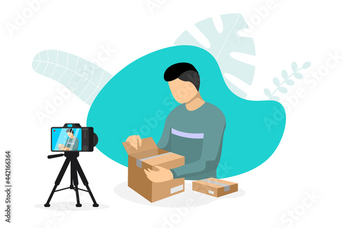 Blogger making video parcel unpacking content on camera with tripod. Man unboxing cardboard purchase streaming. Product review live stream. Vlogger influencer tutorial broadcast channel illustration