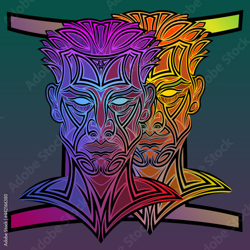 Gemini zodiac sign. Twins. Horoscope sign of two men with different emotions on their faces. Vector illustration. photo