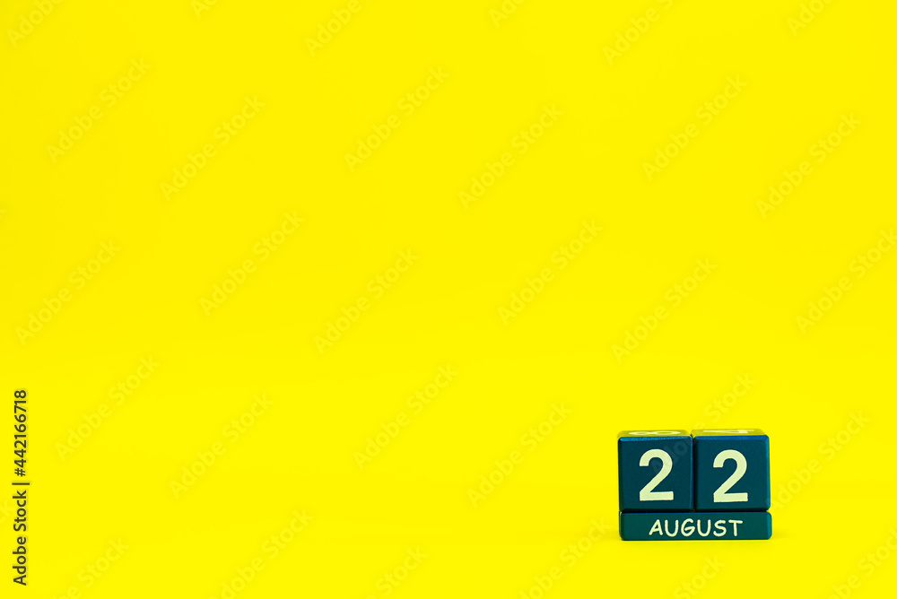 Date 22 August on blue wooden cubes on bright yellow background with place for text
Date 22 August on blue wooden cubes on bright yellow background with place for text