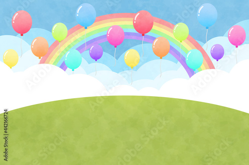 山と雲の背景 長方形 虹と風船 水彩風