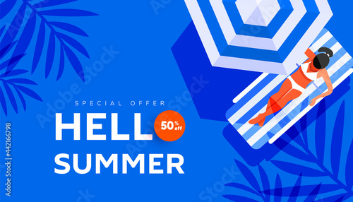 Hello summer holiday sale banner in trendy bright colors with woman on beach striped lounger