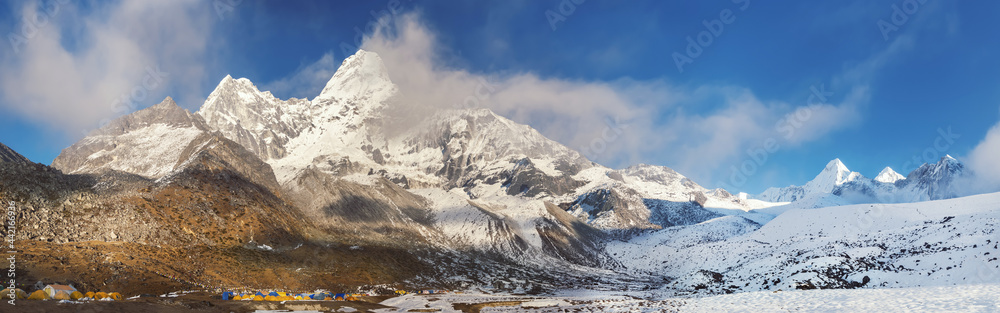 Fototapeta premium Panorama of Ama Dablam mount alpinist base camp, Everest region, Nepal.
