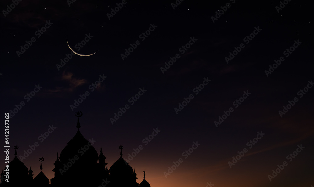 Silhouette dome mosques on dusk sky twilight in the evening after sundown background